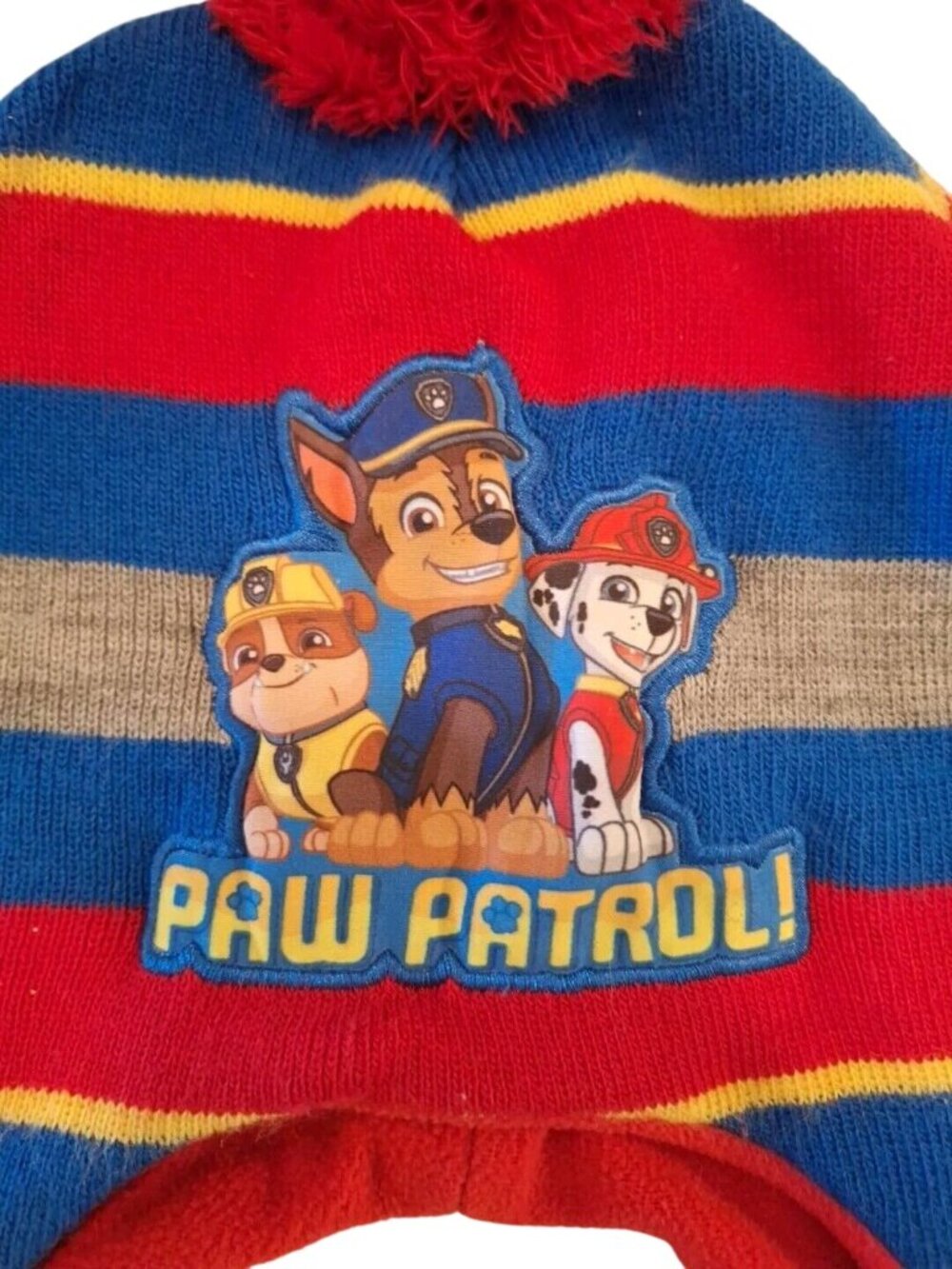Paw Patrol Beanie Hat Kids Toddler 2-5T Knit Striped Fleece Lined Pom Pom - Picture 4 of 8
